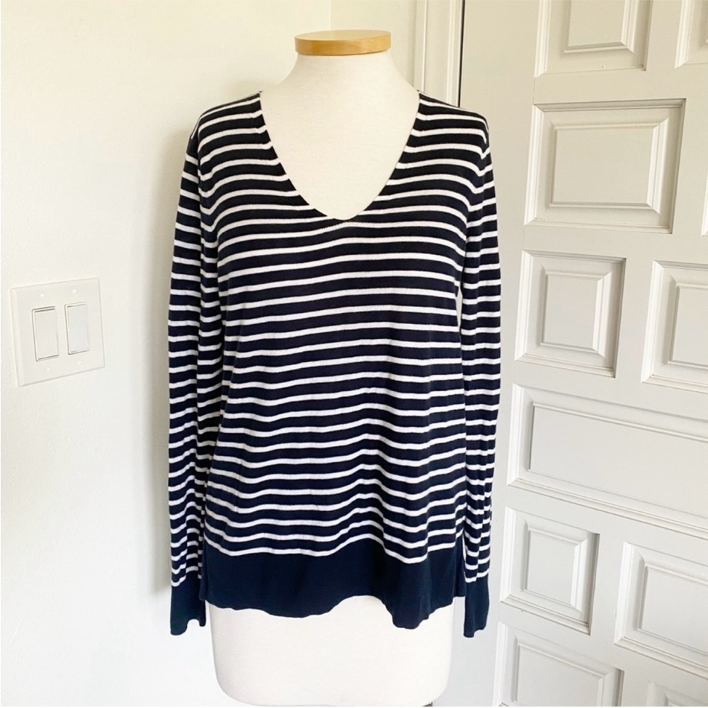 GAP Navy & White Striped Sweater Nautical Lightweight V-Neck